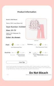 Detail view of girls long sleeve loungewear set with fabric and size specifications
