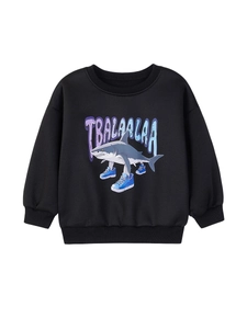 Toddler boy black fleece sweatshirt with creative cartoon walking shark and text print