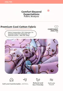 Detail of soft 95% polyester fabric with purple cat print and breathable milk silk texture