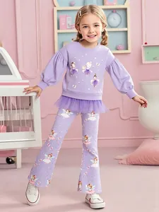 Little Maven Girls Fall Long Sleeve Cartoon Ballet Fairy Print Tulle Sweatshirt And Flare Pants Two Piece Clothing Set