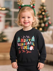 Girls Christmas Sweatshirt Fleece Lined Long Sleeve Pullover Cartoon Letter Printed Festive Winter Warm Top For Kids