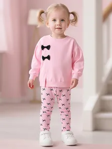 Ensemble de Vêtements d'Automne pour Fillettes Sweat-shirt Rose à Manches Longues et Pantalon Imprimé Décoration Douce de Nœud