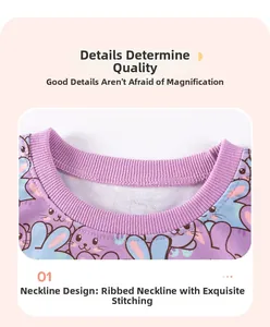 Detail of the lilac cotton sweatshirt neckline with ribbed edges and cartoon rabbit print