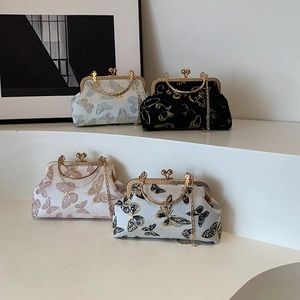 Vintage Butterfly Embroidery Satin Evening Bag Elegant Kiss Lock Handbag With Metal Chain Strap Formal Wedding Party Clutch For Women