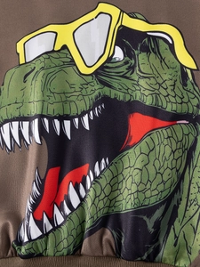 Sweat-shirt marron pour garçon avec dinosaure vert de dessin animé et lunettes jaunes
