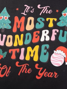 Girl's black Christmas sweatshirt with colorful festive text and holiday graphic print