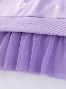 Purple girls long-sleeve cotton top with butterfly embroidery and tulle mesh hem