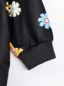Felpa con cappuccio da ragazza in cotone a fiori con polsini elastici a coste neri