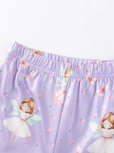 Girls cartoon fairy print leggings with elastic waistband in soft lavender knit fabric