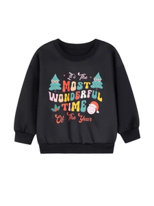 Girl's black Christmas sweatshirt with 'Most Wonderful Time' text and festive holiday graphics