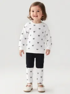Girls Sweet Bowknot Printed Long Sleeve Top And Pants Set Cute White Polyester Pullover Outfit For Kids Autumn Wear