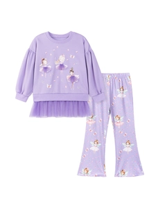 Girls' two-piece set with ballerina long sleeve top and flared floral print trousers