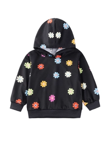 Felpa con cappuccio nera da bambina con stampa floreale colorata e polsini a costine