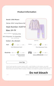 Detail view of purple floral girls' sweatshirt and leggings with fabric specifications