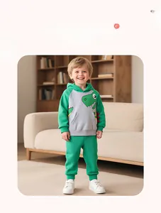 Toddler boy dinosaur fleece set showing hoodie and sweatpants in a home setting