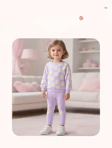 Girl's purple cotton set with daisy prints featuring sweatshirt and matching leggings