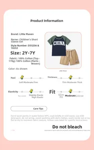 Detailed chart for kids cotton set with green T-shirt and khaki shorts for 2-7 years old