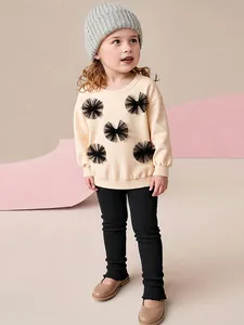 Ensemble Sweat À Manches Longues Et Pantalon Pour Filles Beige Noir Nœud En Maille Vêtements Décontractés Nervurés Pour Enfants Automne