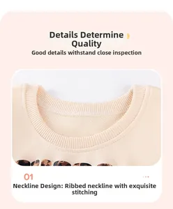 Detail of high-density ribbed neckline and leopard print stitching on girl's knit sweater