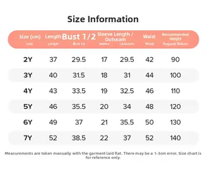 Detailed size chart for boys cartoon summer clothing set covering ages 2Y to 7Y