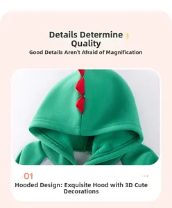 Detail of dinosaur hoodie with 3D red dorsal fins and warm fleece cotton fabric