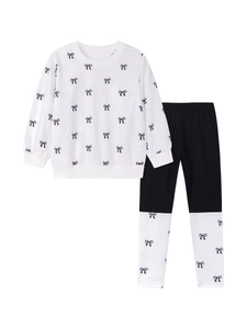 Girl's long-sleeve sweatshirt and leggings set with all-over black bow prints