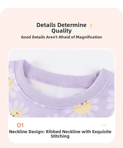 Close-up of ribbed round neckline on purple floral cotton top with daisy prints