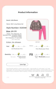 Detailed product specs of girls' leopard sweatshirt and pink pants set in size 2Y-7Y