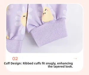 Close-up of lilac ribbed cuffs with cute daisy pattern for children's autumn wear