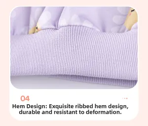 Detailed close-up of ribbed hem on light purple knit top with daisy pattern for girls