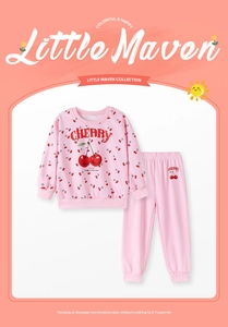 Detailed close-up of pink cotton cherry print girls sweatshirt and matching sweatpants set
