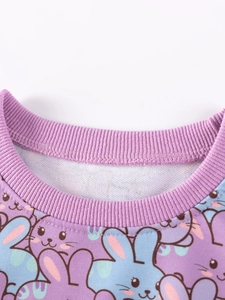 Girls long sleeve cotton t-shirt with cute purple ribbed collar and bunny print