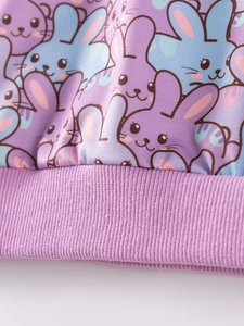 Girl's autumn outfit featuring a purple cartoon bunny print with ribbed knit cuffs