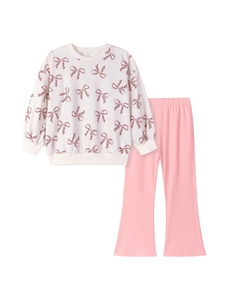 Girls long sleeve white sweatshirt with red leopard bows and pink flared trousers set