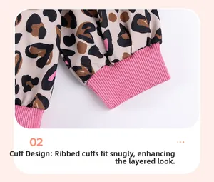 Detail of pink ribbed cuffs on leopard print long sleeve top for toddler girls