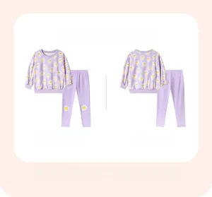 Front and back view of girls' purple long-sleeve pajama set with yellow daisy patterns