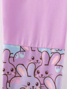 Girls purple knit outfit set featuring cute cartoon rabbit prints and ribbed cuffs