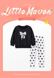 Detail of girls black long sleeve sweatshirt with bow and heart print leggings for age 2-7