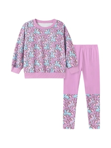 Toddler girl long sleeve sweatpants set featuring cute cartoon rabbit prints in lilac