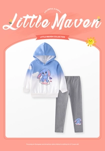 Close-up of girls blue gradient hoodie and grey pants set with bunny cartoon design