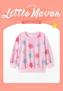 Close-up of pink long-sleeve sweatshirt with floral patterns and ribbed collar details