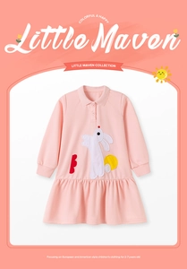 Rosa langärmliges Polo-Kleid für Mädchen mit Hasen-Stickerei und Faltenrock-Detail