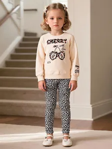 Kids Girls Casual Autumn Clothing Set Long Sleeve Cherry Leopard Print Pullover Top And Long Pants 2 Piece Outfits