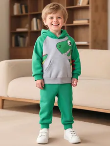 Boys Cartoon Dinosaur Hoodie And Pants Fleece Tracksuit Autumn Winter Casual Soft Pullover Outfit Children Clothing Set