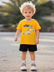 Ensemble de Vêtements d'Été pour Garçons en Coton Manches Courtes T-Shirt de Voiture de Course et Short Tenue de Sport Jaune Noir
