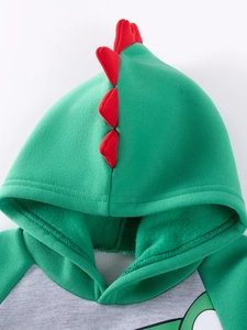 Fleece-lined boys dinosaur hoodie with 3D red dorsal fins and gray cartoon design