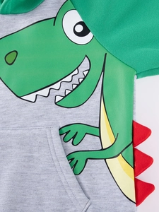 Toddler boys gray dinosaur hoodie set with cartoon print and 3D back fin details