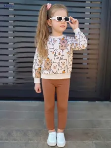 Little Maven Ensemble d'Automne 2 Pièces pour Petites Filles Sweat-shirt Imprimé Capybara Manches Longues et Leggings Marron Tenue Décontractée pour Enfants