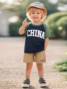 Boys Summer Cotton 2 Piece Set Raglan Short Sleeve T-Shirt With China Letter Print And Khaki Shorts For Kids Clothing