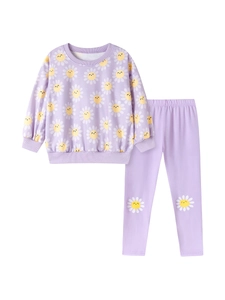 Girls' light purple long sleeve sweatshirt and pants set with smiley daisy patterns